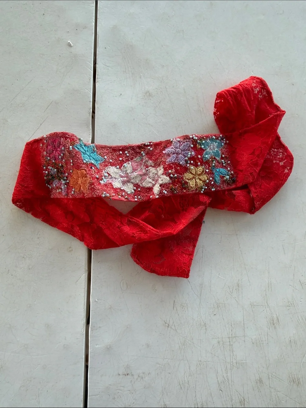 Red Embroidered Floral Sash Belt